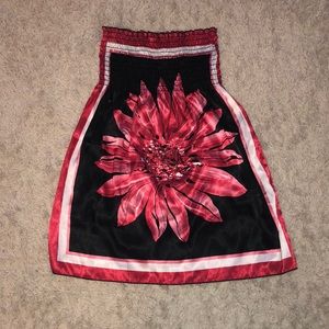 Red, Black, and White strapless dress with flower
